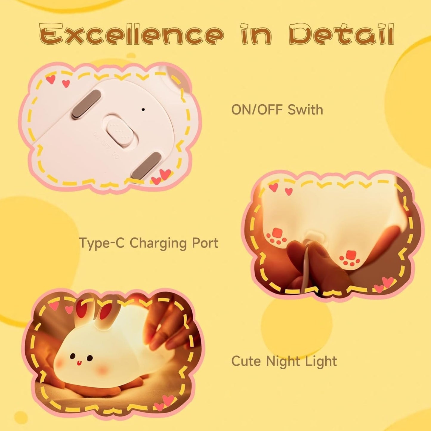 Cute Silicone Bunny Night Light for Kids | Rechargeable Touch Sensor Rabbit Lamp | Soft LED Nursery & Bedroom Light