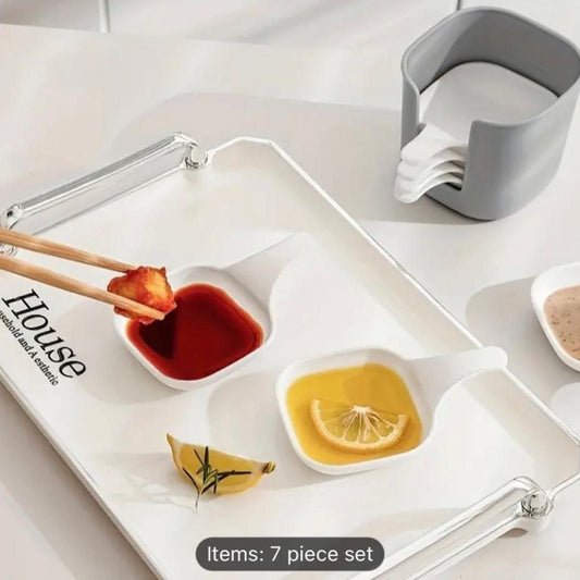 6 Pcs Dipping Sauce Plates Set with Holder | Stackable Condiment Bowls