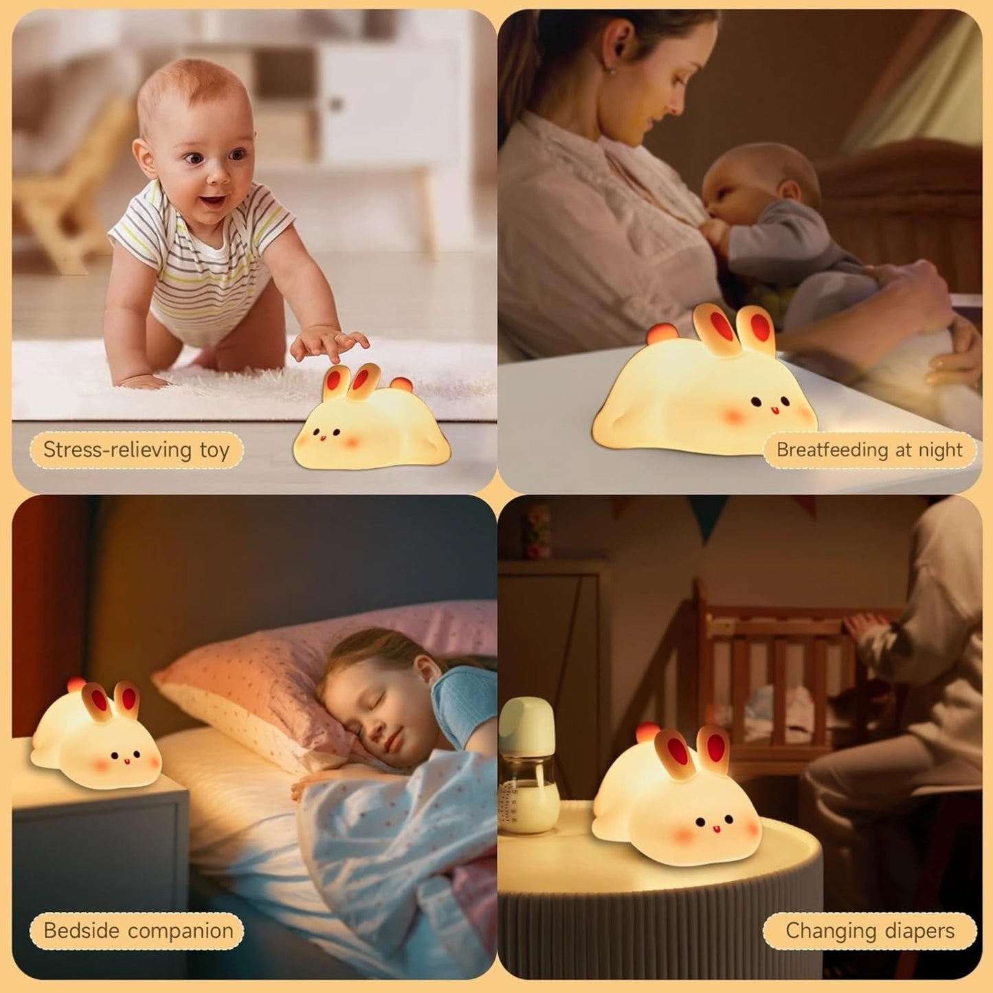 Cute Silicone Bunny Night Light for Kids | Rechargeable Touch Sensor Rabbit Lamp | Soft LED Nursery & Bedroom Light