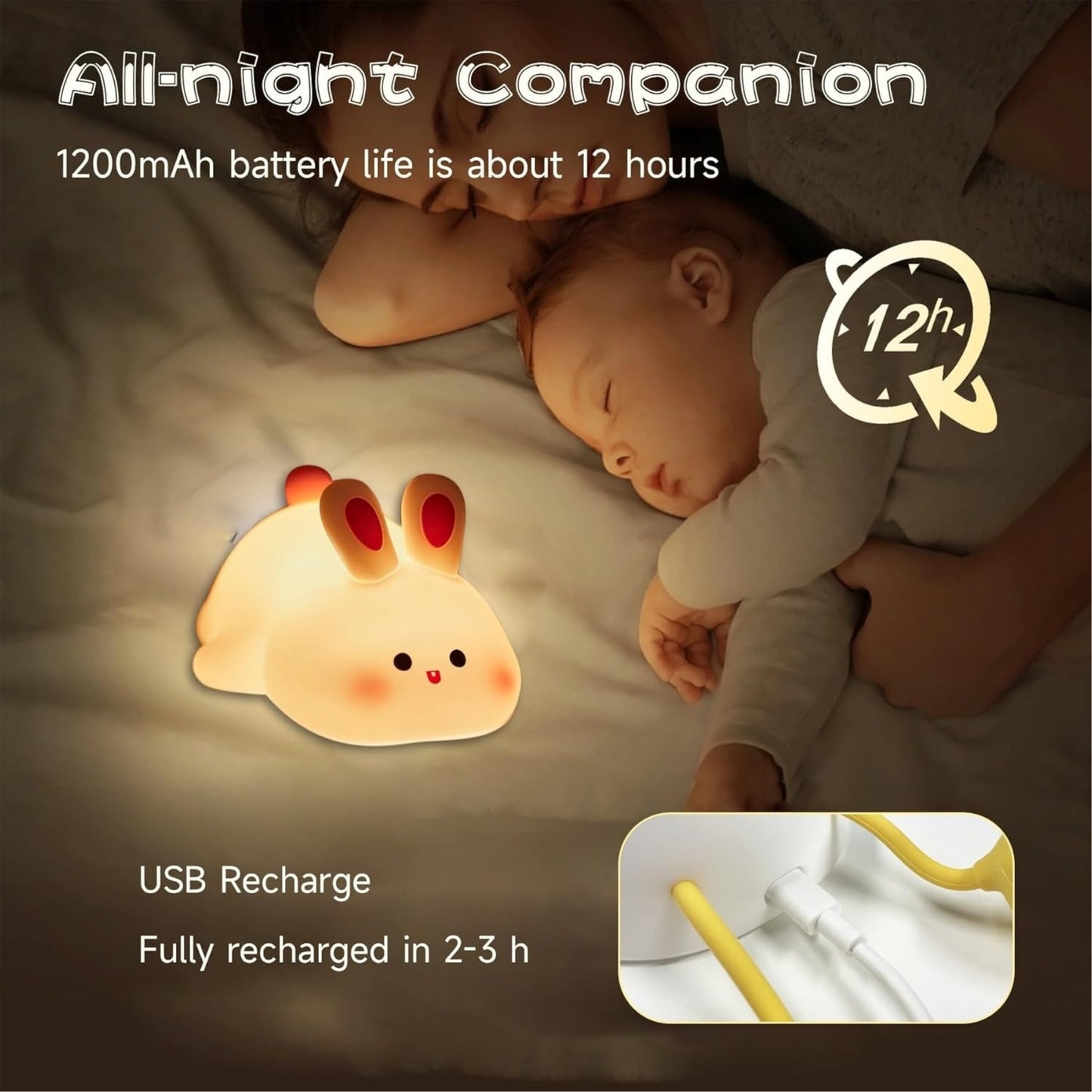 Cute Silicone Bunny Night Light for Kids | Rechargeable Touch Sensor Rabbit Lamp | Soft LED Nursery & Bedroom Light