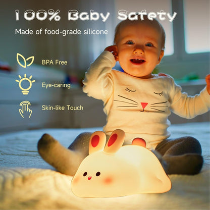 Cute Silicone Bunny Night Light for Kids | Rechargeable Touch Sensor Rabbit Lamp | Soft LED Nursery & Bedroom Light
