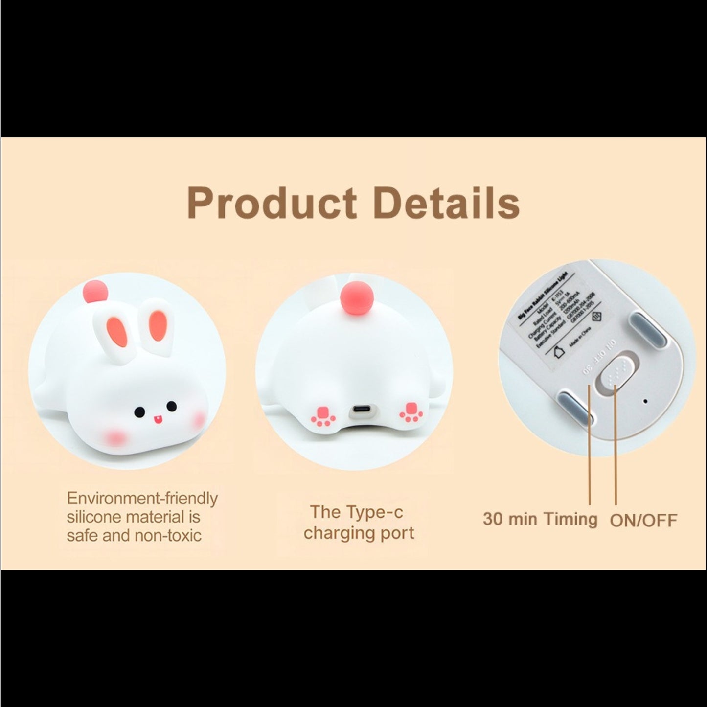 Cute Silicone Bunny Night Light for Kids | Rechargeable Touch Sensor Rabbit Lamp | Soft LED Nursery & Bedroom Light